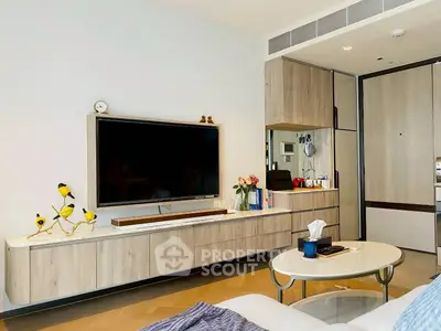 Modern living room with sleek TV setup and stylish decor