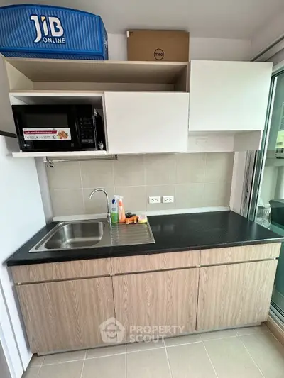 Modern kitchen with sleek cabinetry and built-in microwave