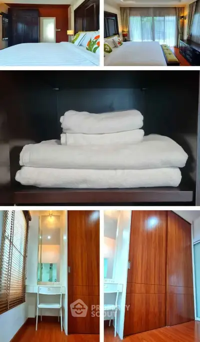 Spacious bedroom with elegant wooden accents and ample natural light, featuring a cozy bed and stylish storage solutions.