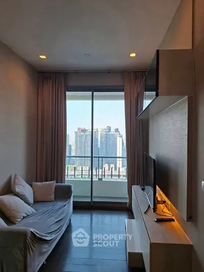 Modern living room with city view and cozy sofa, perfect for urban living.