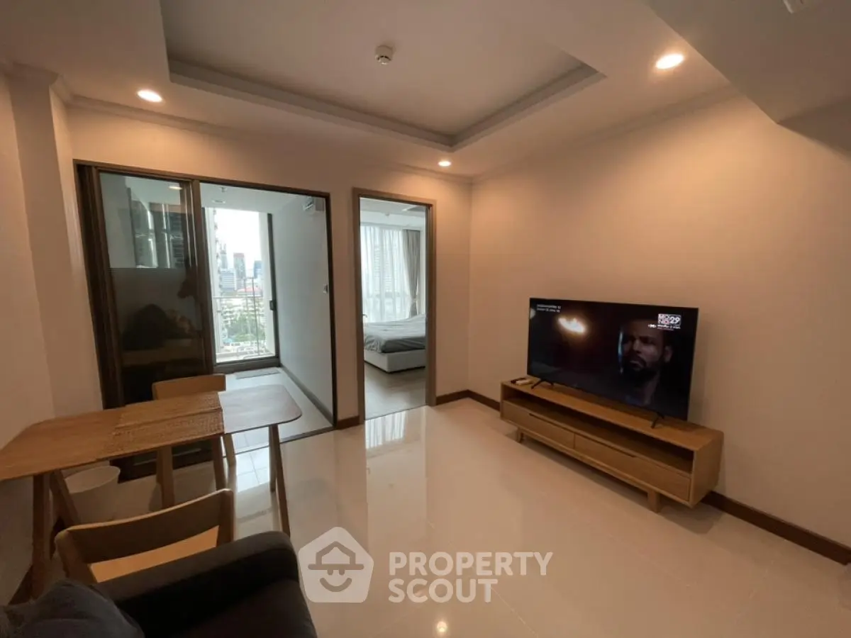 Modern living room with city view and sleek furniture in a stylish apartment