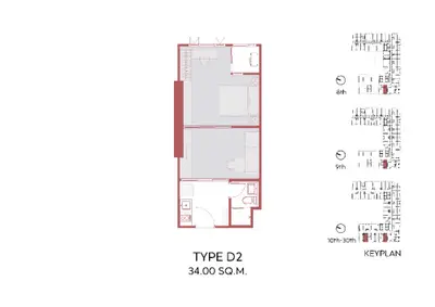 Detailed floor plan of Type D2 apartment with 34 square meters layout.