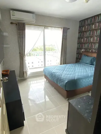 Cozy bedroom with balcony view and stylish bookshelf wallpaper