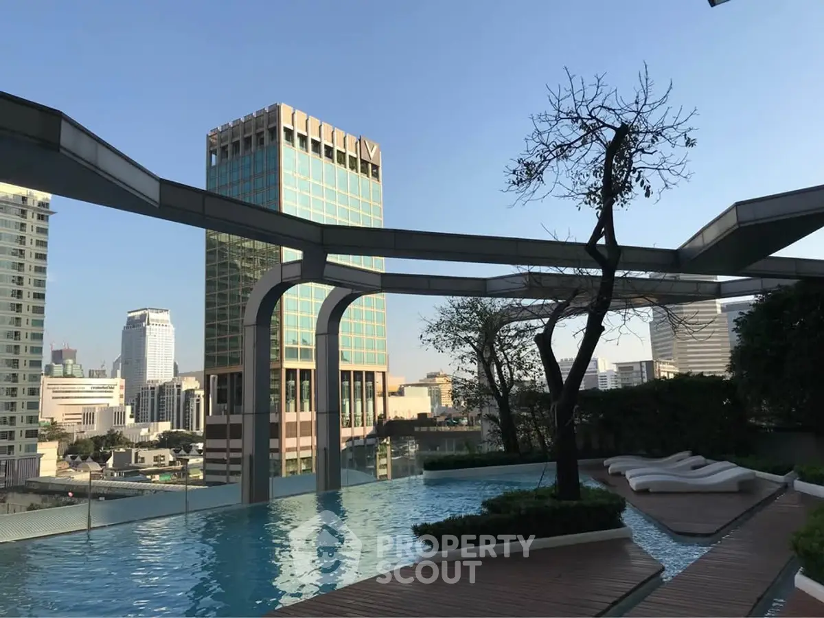 Luxurious rooftop pool with stunning city skyline views and modern architecture.