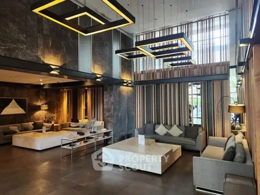 Luxurious modern living room with high ceilings and stylish lighting