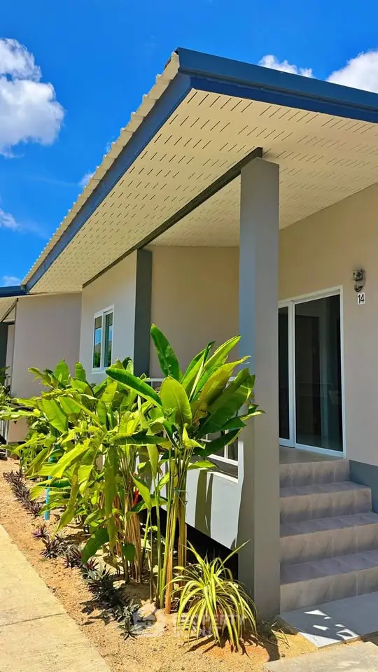 Modern single-story home with lush greenery and sleek entrance under a clear blue sky.