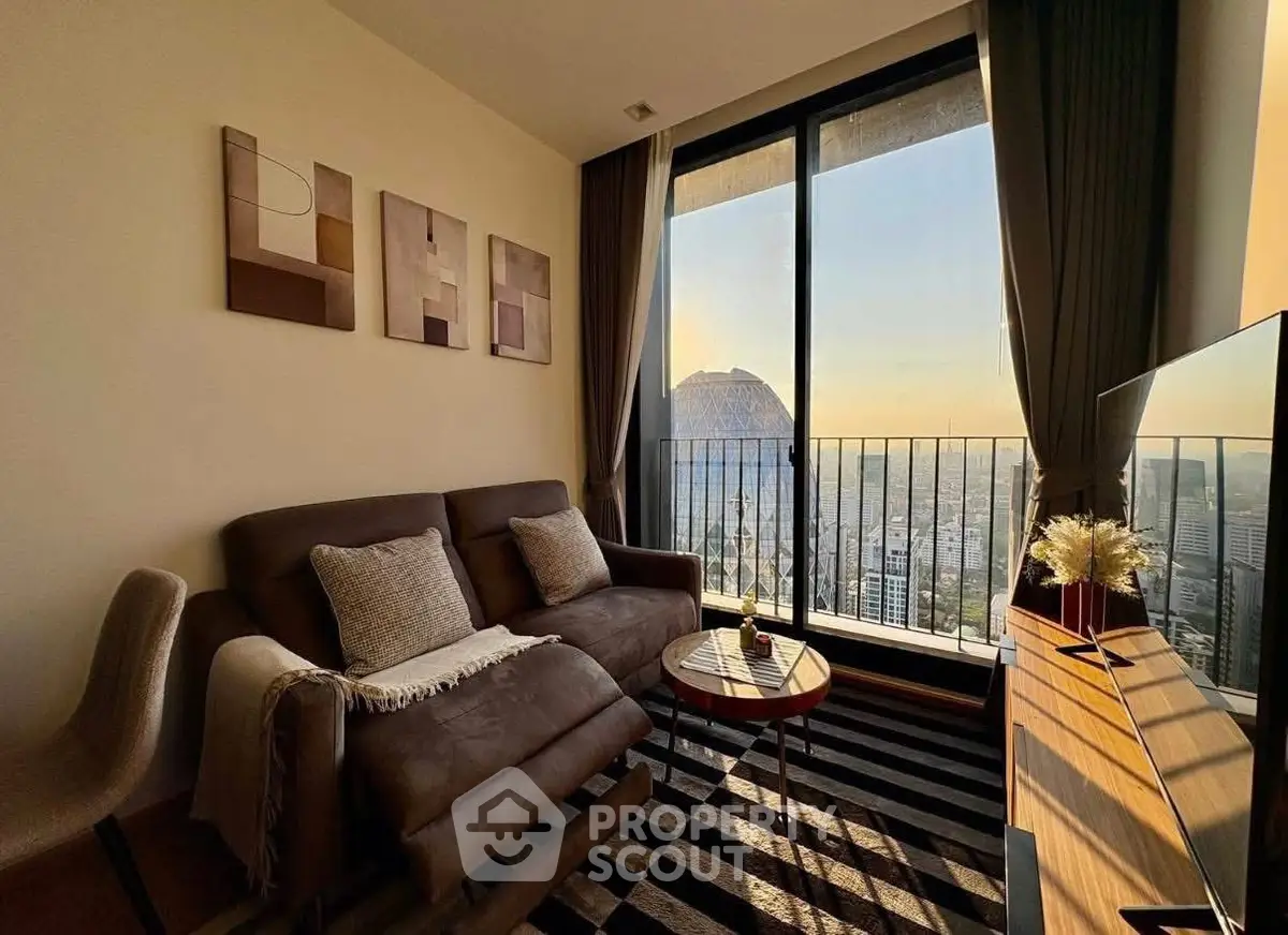 Modern living room with stunning city view and stylish decor