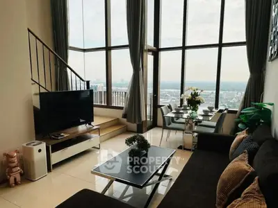 Luxurious living room with panoramic city view and elegant decor