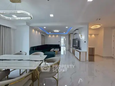 Luxurious modern living room with elegant marble flooring and stylish furniture