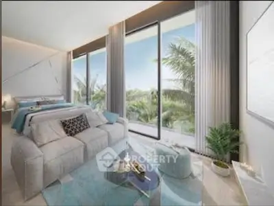 Luxurious bedroom with stunning floor-to-ceiling windows and tropical view