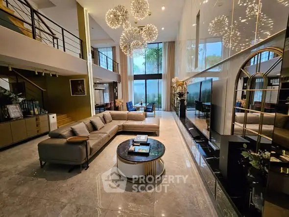 Luxurious modern living room with high ceilings and elegant decor