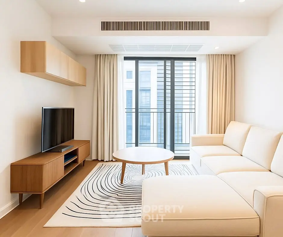 Modern living room with stylish furniture and large window offering natural light.