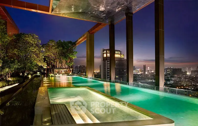 Luxurious rooftop pool with stunning city skyline view at night.