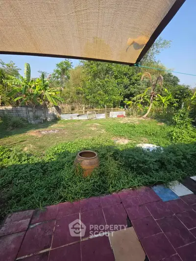 Spacious backyard with lush greenery and tiled patio, perfect for outdoor relaxation and gardening.