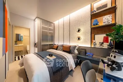 Modern bedroom with stylish decor and ensuite bathroom, featuring sleek furniture and ambient lighting.