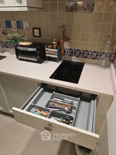 Modern kitchen with induction cooktop and organized drawer