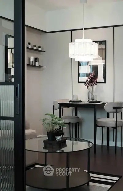 Stylish modern living room with elegant dining area and chic decor