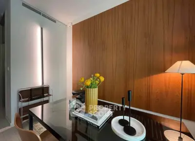 Stylish modern study room with wooden accent wall and elegant decor