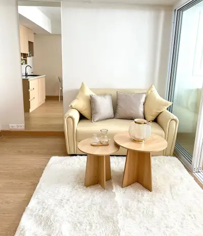 Modern living room with cozy sofa and stylish wooden tables on plush rug