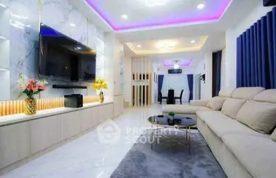 Luxurious modern living room with LED lighting and elegant decor