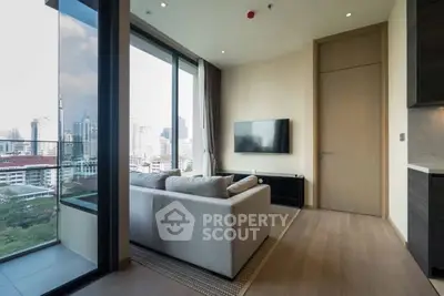 Modern living room with city view and sleek interior design