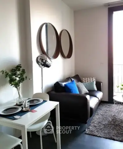 Modern living room with stylish decor and cozy seating area