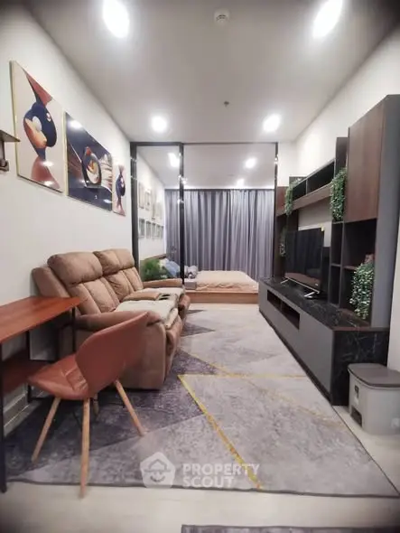 Modern living room with cozy seating and stylish decor