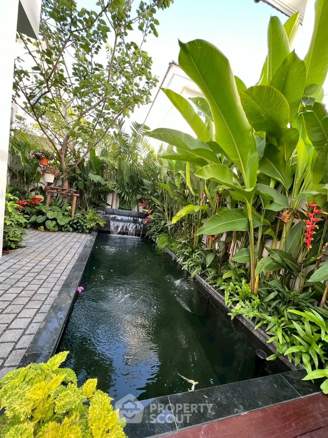 Luxurious garden with serene water feature and lush tropical plants