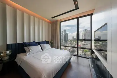 Luxurious bedroom with stunning city view and modern decor
