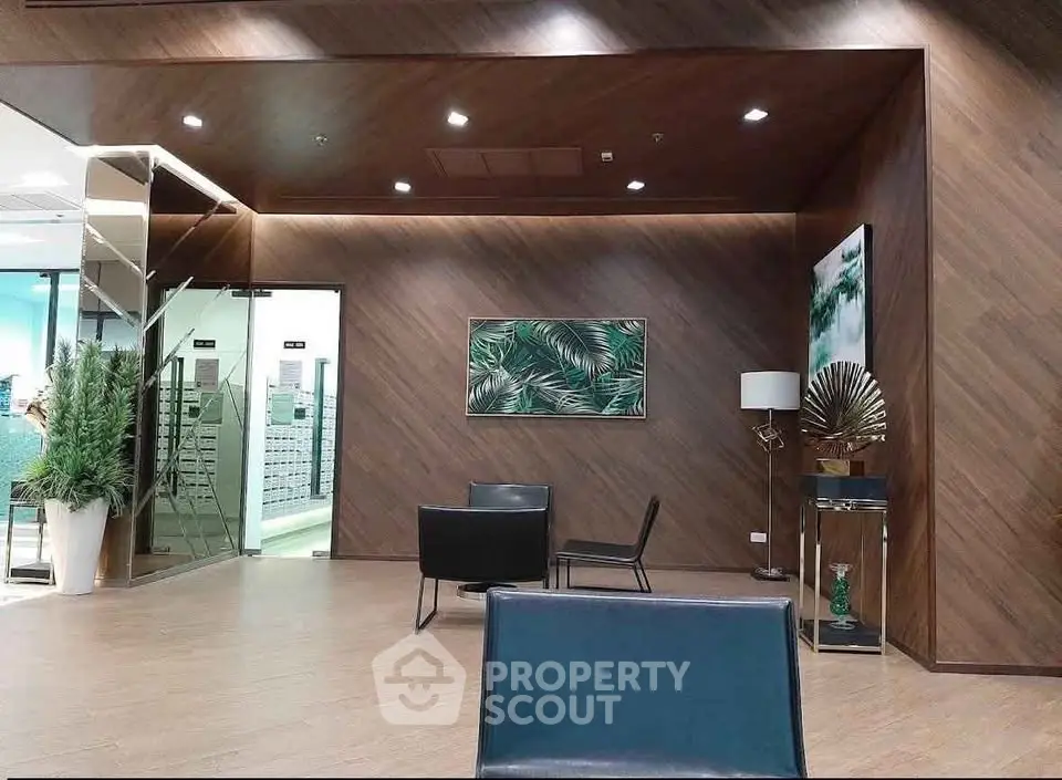 Modern office lobby with stylish decor and seating area