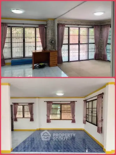 Spacious living room with large windows and tiled floors, perfect for family gatherings.