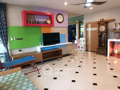 Vibrant living room with colorful wall accents and modern decor
