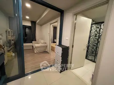 Modern apartment interior with cozy living room and stylish bathroom