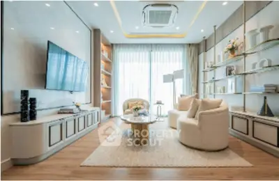 Luxurious modern living room with elegant decor and large windows