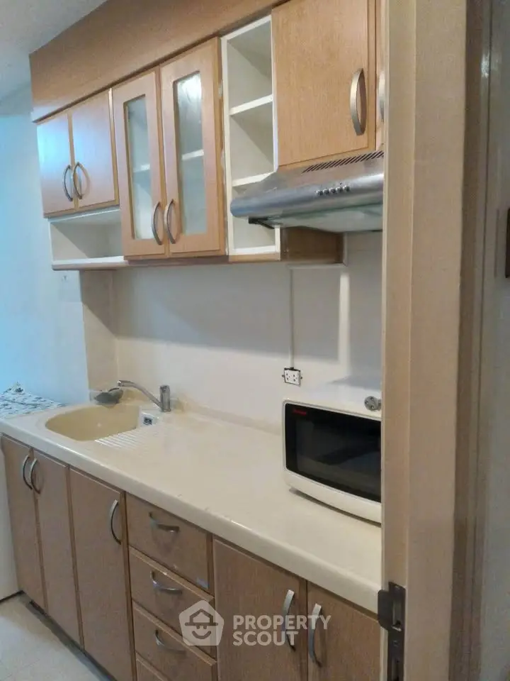 Compact kitchen with wooden cabinets and modern appliances in cozy apartment.
