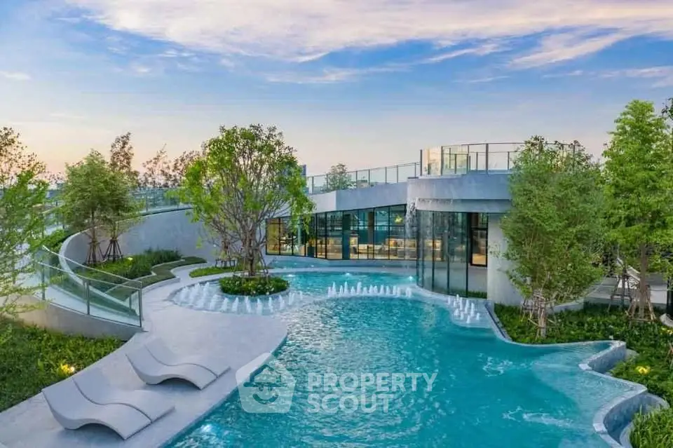 Luxurious rooftop pool with modern design and lush greenery, perfect for relaxation and entertainment.