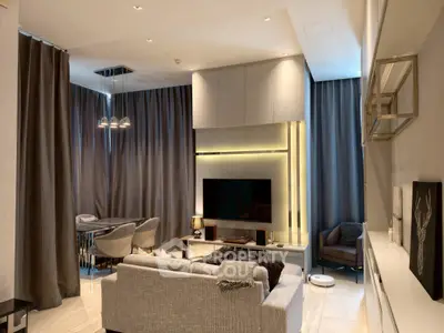 Luxurious modern living room with elegant decor and ambient lighting