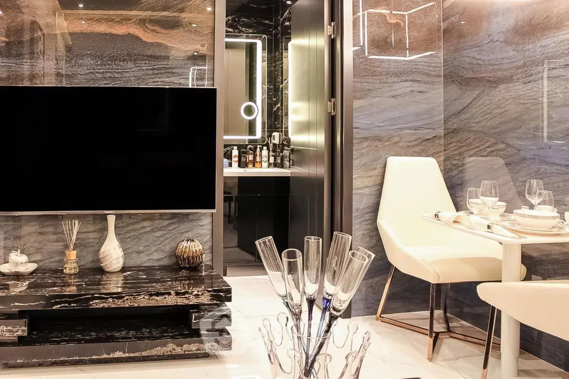 Luxurious modern living room with elegant dining area and stylish decor