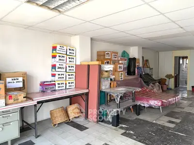 Spacious storage room with organized boxes and ample shelving in a well-lit area.
