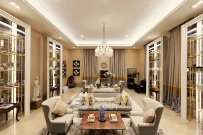 Luxurious living room with elegant decor and chandelier