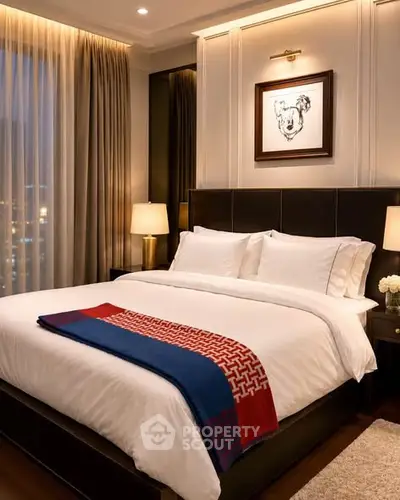 Luxurious bedroom with elegant decor and city view, featuring a plush bed and ambient lighting.
