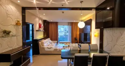 Luxurious modern living room with elegant dining area and city view, perfect for urban living.