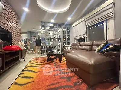 Stylish living room with modern decor and vibrant tiger rug