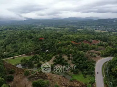 Scenic aerial view of lush green landscape with winding road and distant mountains.
