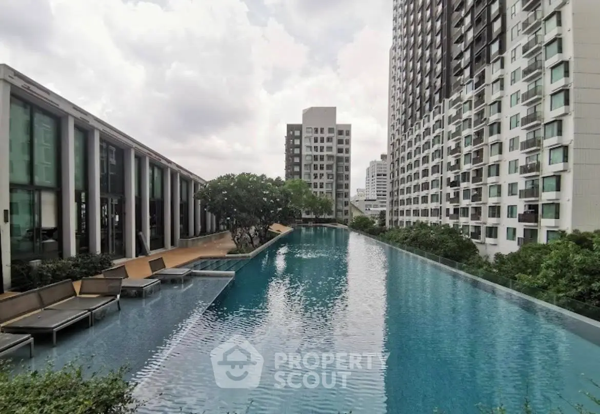Luxurious rooftop pool with stunning cityscape views in modern high-rise building.
