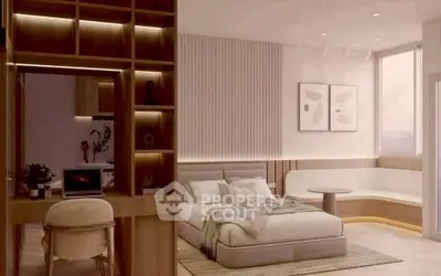 Modern bedroom with stylish decor and natural light, featuring a cozy bed and a small workspace.