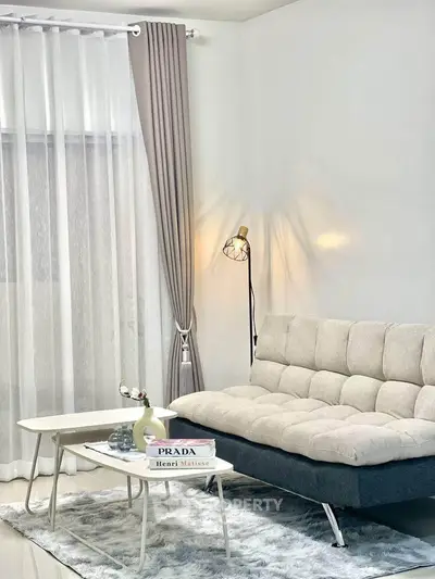 Stylish modern living room with cozy sofa, elegant curtains, and chic decor for a sophisticated ambiance.