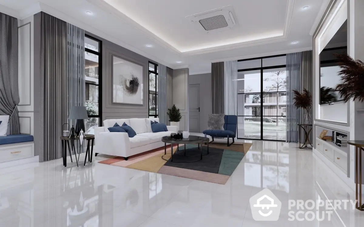 Luxurious spacious living room with glossy white flooring, elegant furniture, and large windows allowing ample natural light, perfect for upscale living.