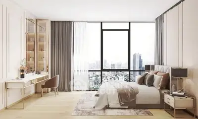 Luxurious bedroom with city view, elegant decor, and ample natural light.