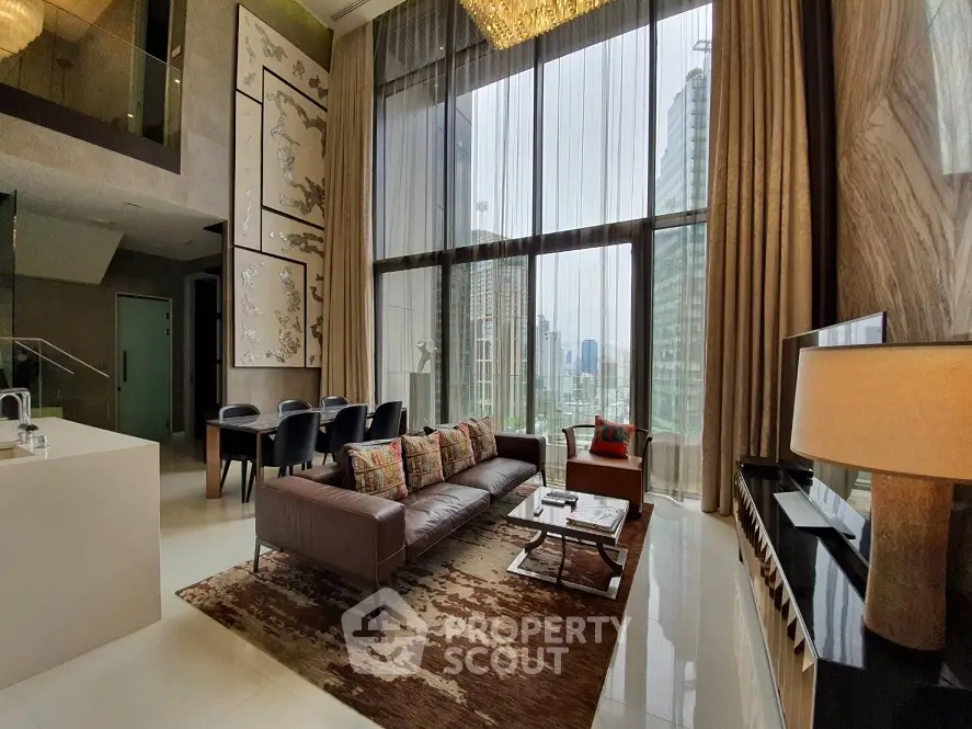 Luxurious high-rise living room with floor-to-ceiling windows offering a panoramic city view, complemented by a modern leather sofa set and elegant decor.